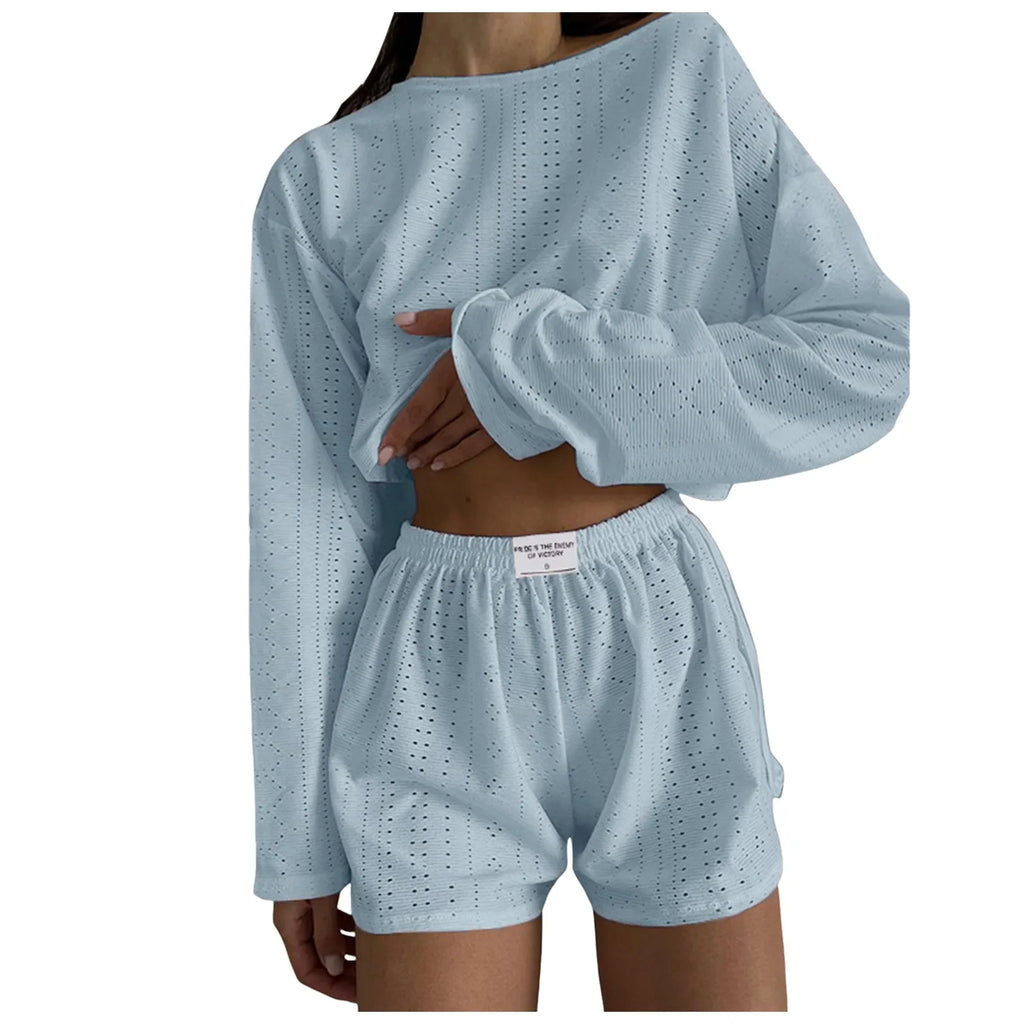Women’s 2-Piece Casual Shorts Set – O-Neck Long Sleeve Lounge Co-ord Outfit