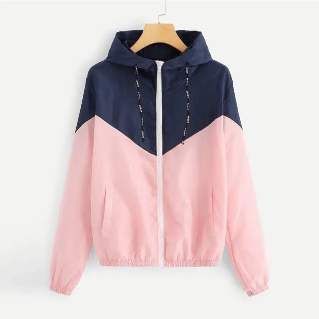 Hooded Patchwork Running Jacket – Lightweight Zip-Up Sport Outwear Coat