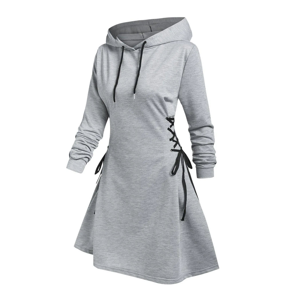 Women’s Hooded Sweatshirt Dress – Lace-Up Waist Long Sleeve Pullover Hoodie