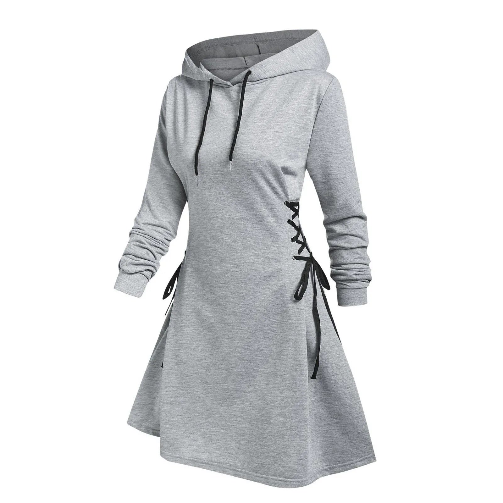 Women’s Hooded Sweatshirt Dress – Lace-Up Waist Long Sleeve Pullover Hoodie