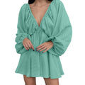 Women’s Deep V-Neck Pleated Wrap Dress – Elegant Long Sleeve Solid Casual
