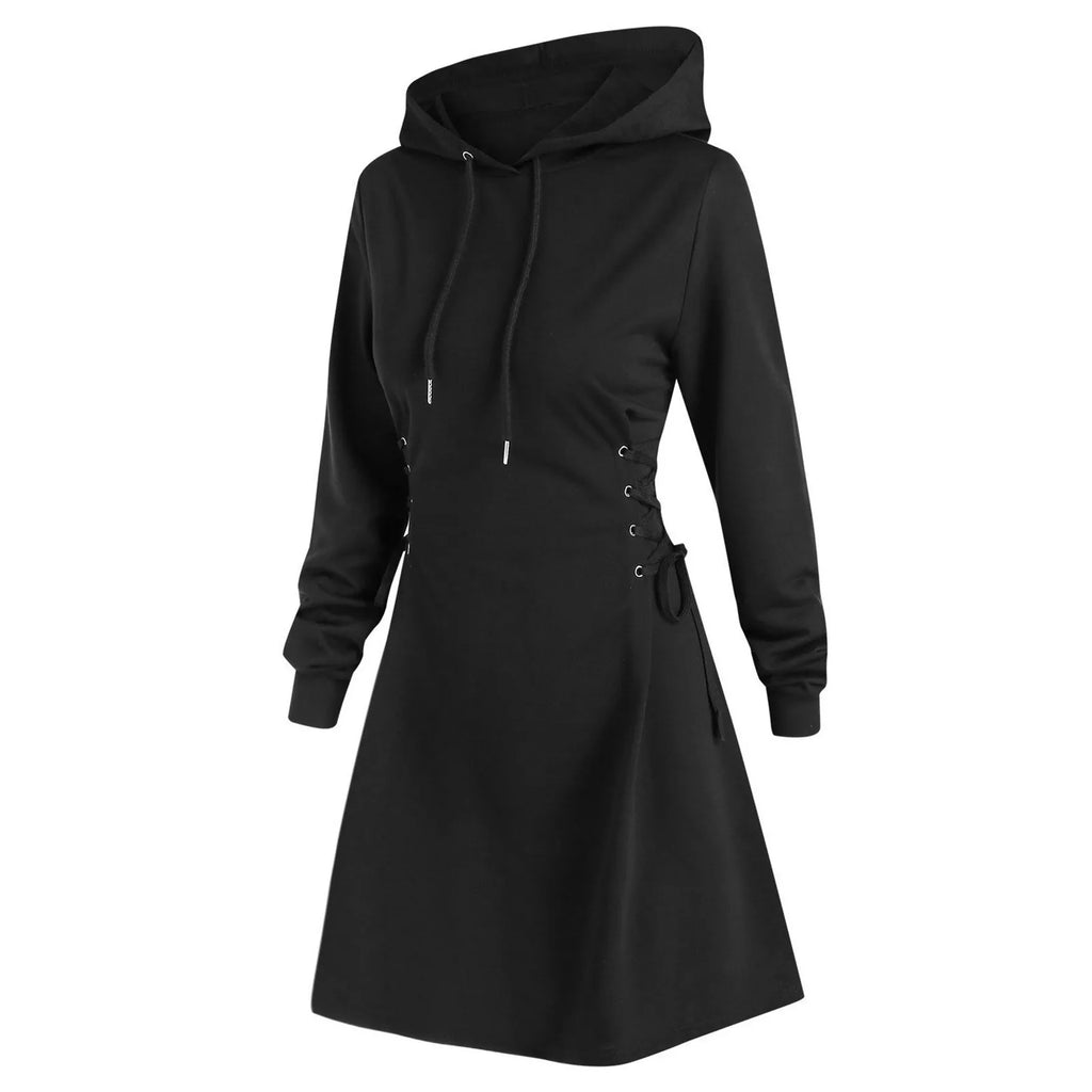 Women’s Hooded Sweatshirt Dress – Lace-Up Waist Long Sleeve Pullover Hoodie