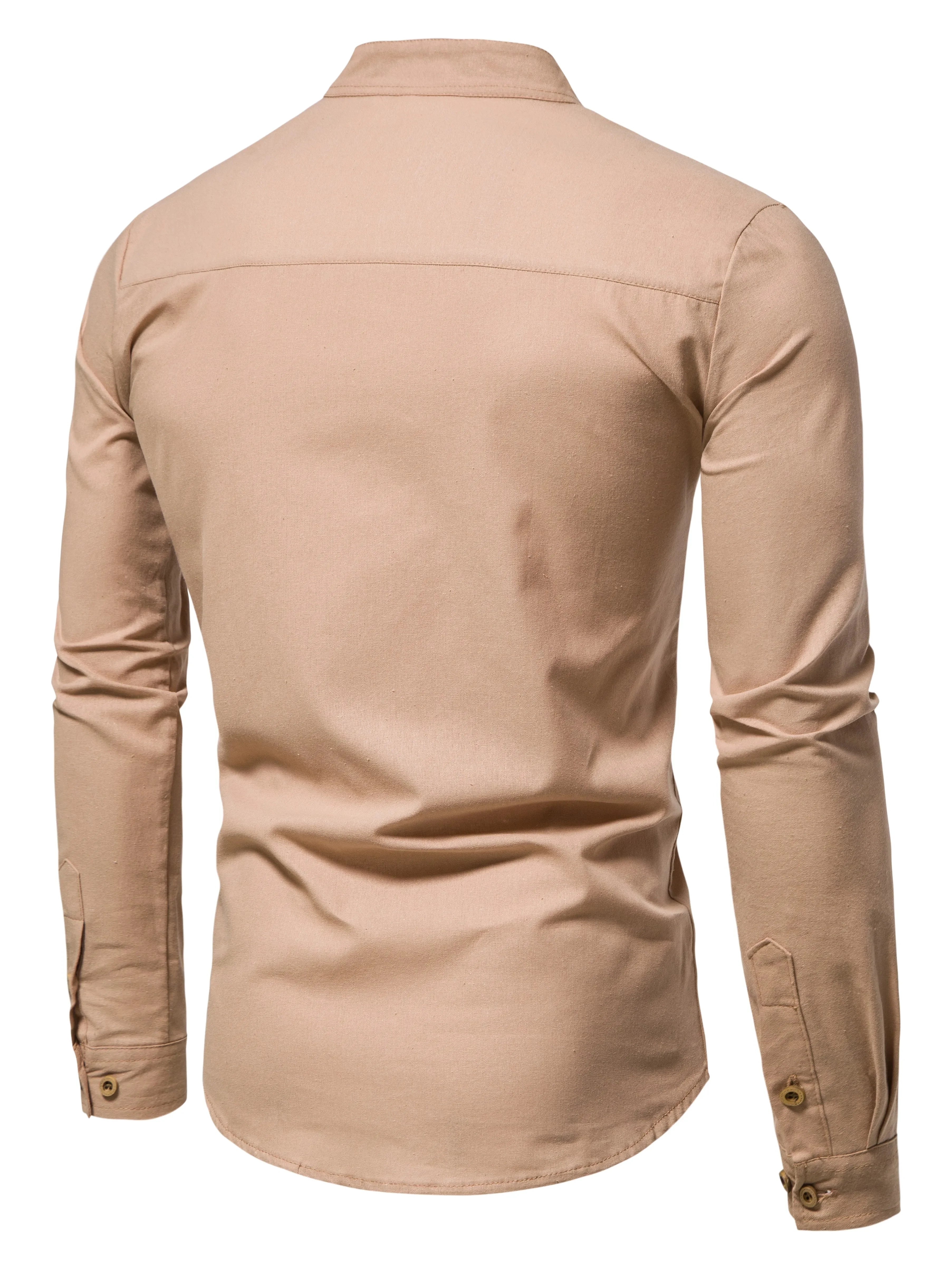 Men's Pure Cotton Slim Fit Stand Collar Shirt – Elegant Long Sleeve Spring Top