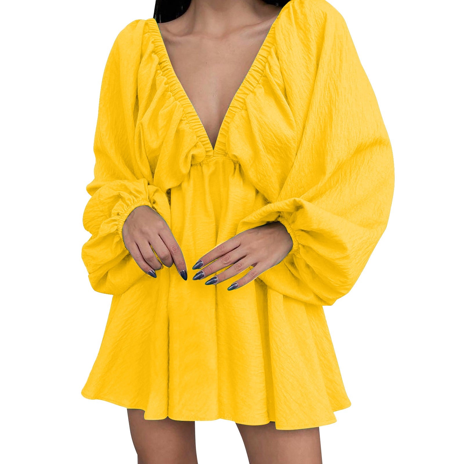 Women’s Deep V-Neck Pleated Wrap Dress – Elegant Long Sleeve Solid Casual
