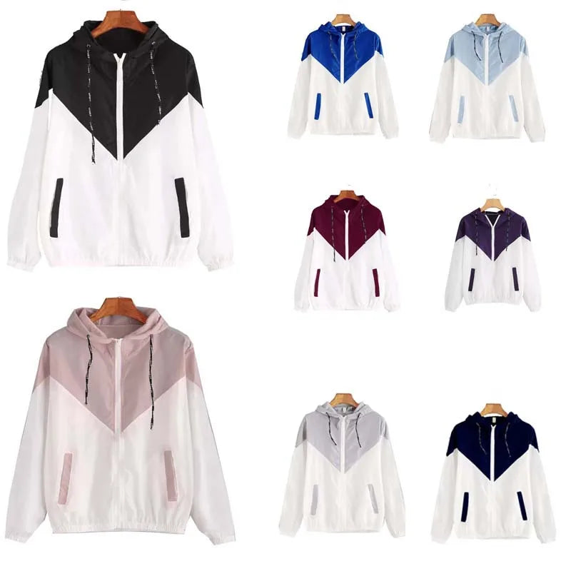 Hooded Patchwork Running Jacket – Lightweight Zip-Up Sport Outwear Coat