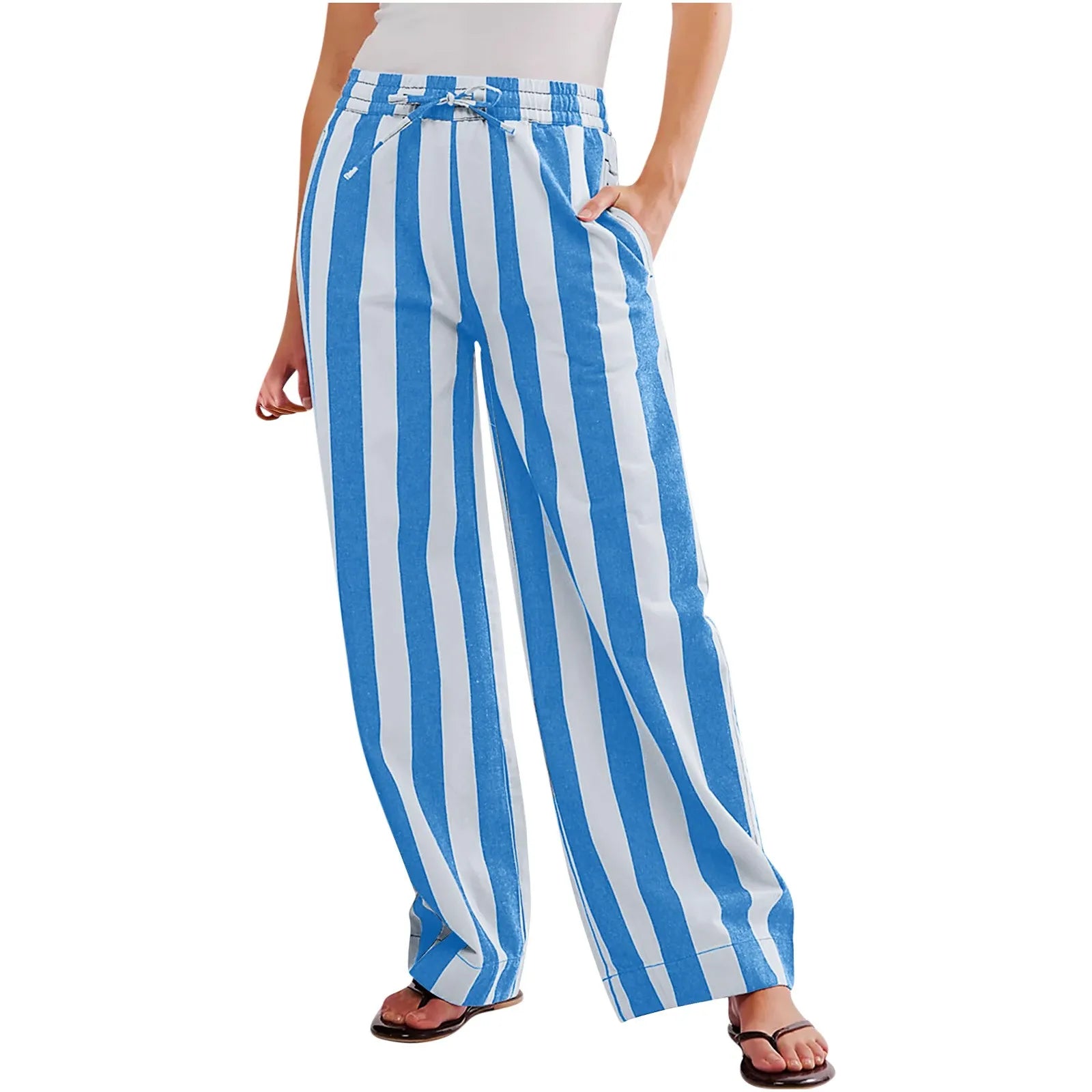 Women’s Striped High Waist Wide Leg Palazzo Pants – Color Block Lounge Trousers