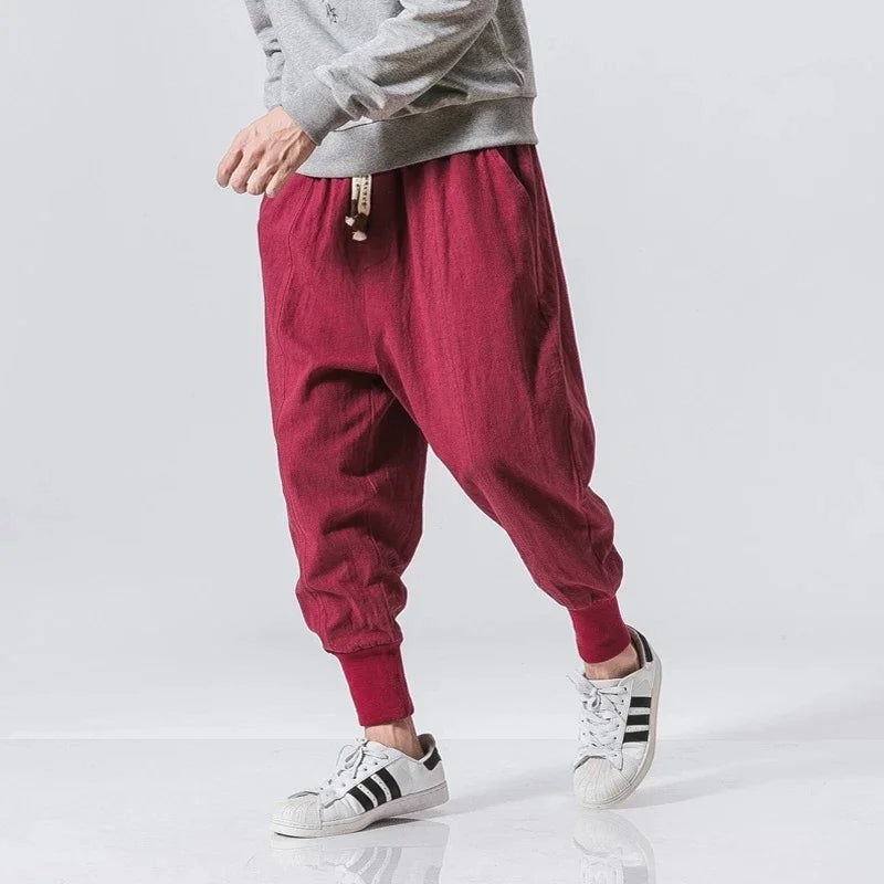 Men’s Cotton Linen Harem Jogger Pants – Baggy Drop-Crotch Streetwear Trousers