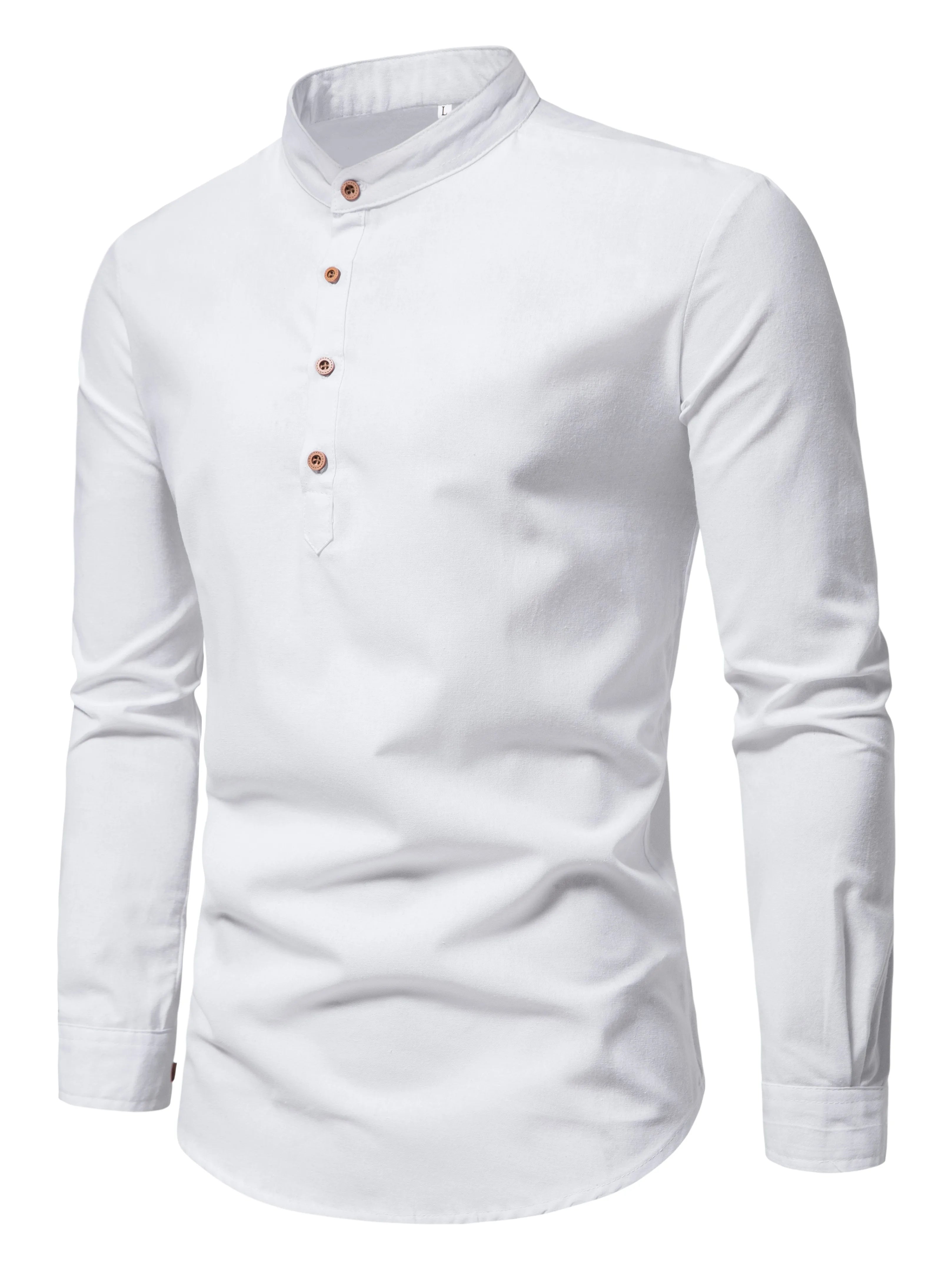 Men's Pure Cotton Slim Fit Stand Collar Shirt – Elegant Long Sleeve Spring Top