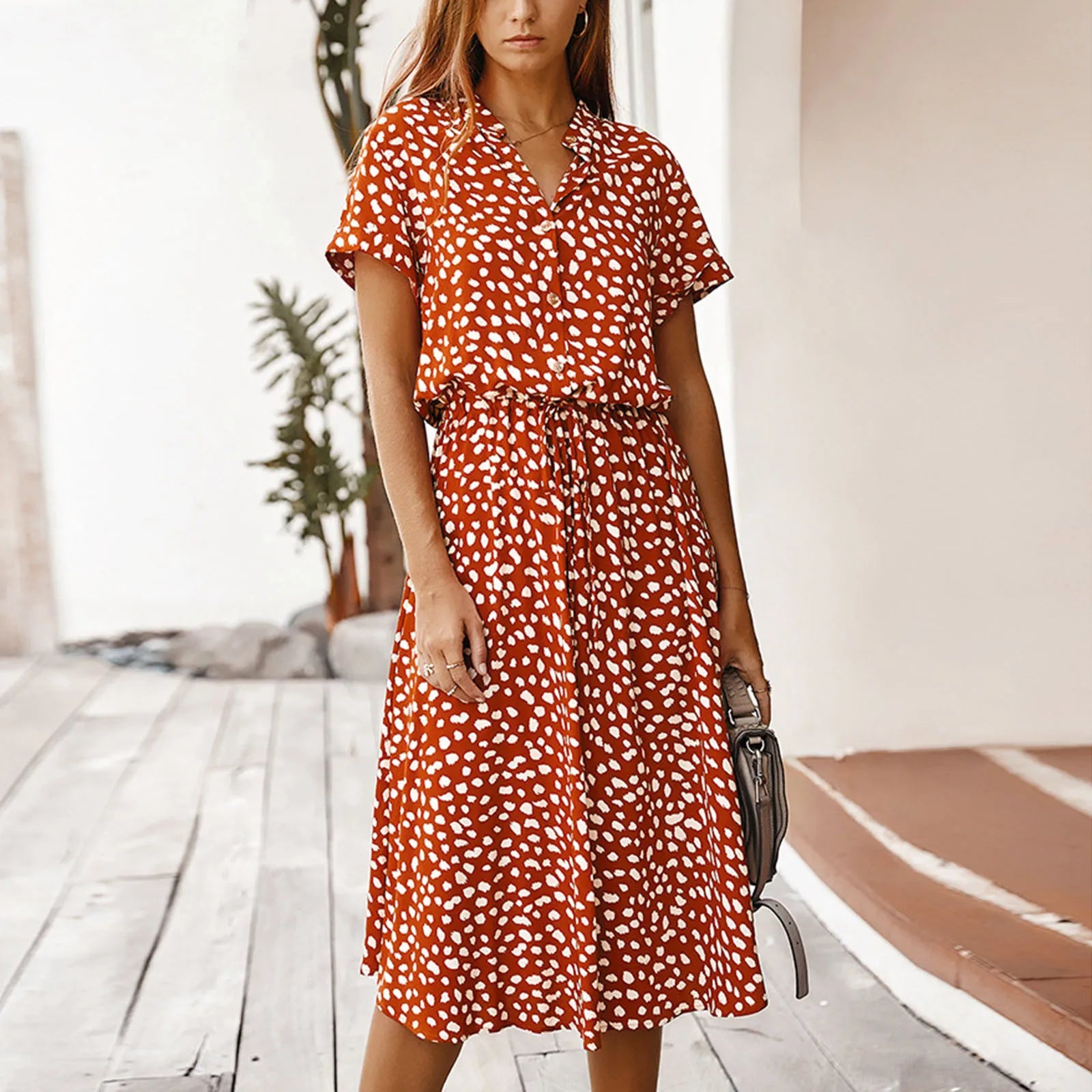 Women’s Polka Dot Button Summer Dress – Drawstring High Waist Knee Length