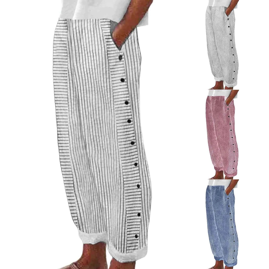 Women's Linen Wide Leg Pants – Striped High Waist Button Casual Yoga Trousers