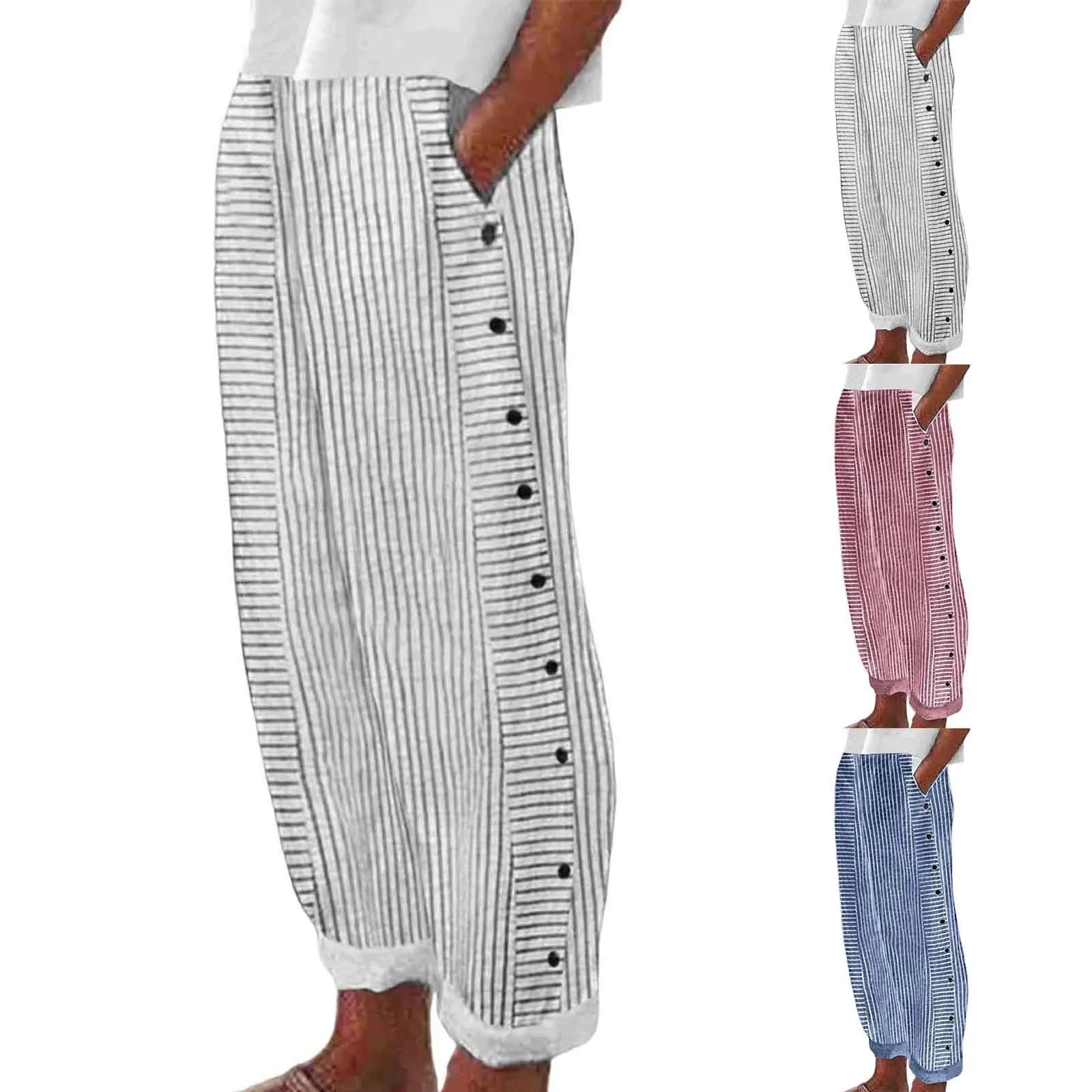 Women's Linen Wide Leg Pants – Striped High Waist Button Casual Yoga Trousers