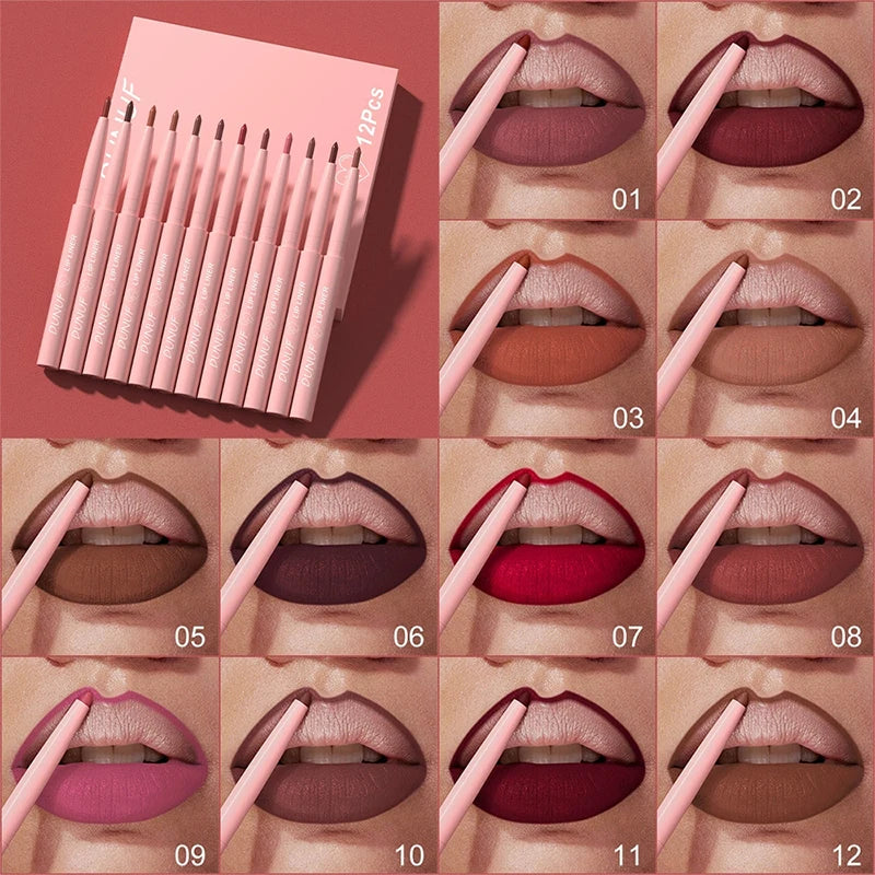 12-Color Matte Lip Liner Pencil Set – Waterproof Highly Pigmented Nude Pink