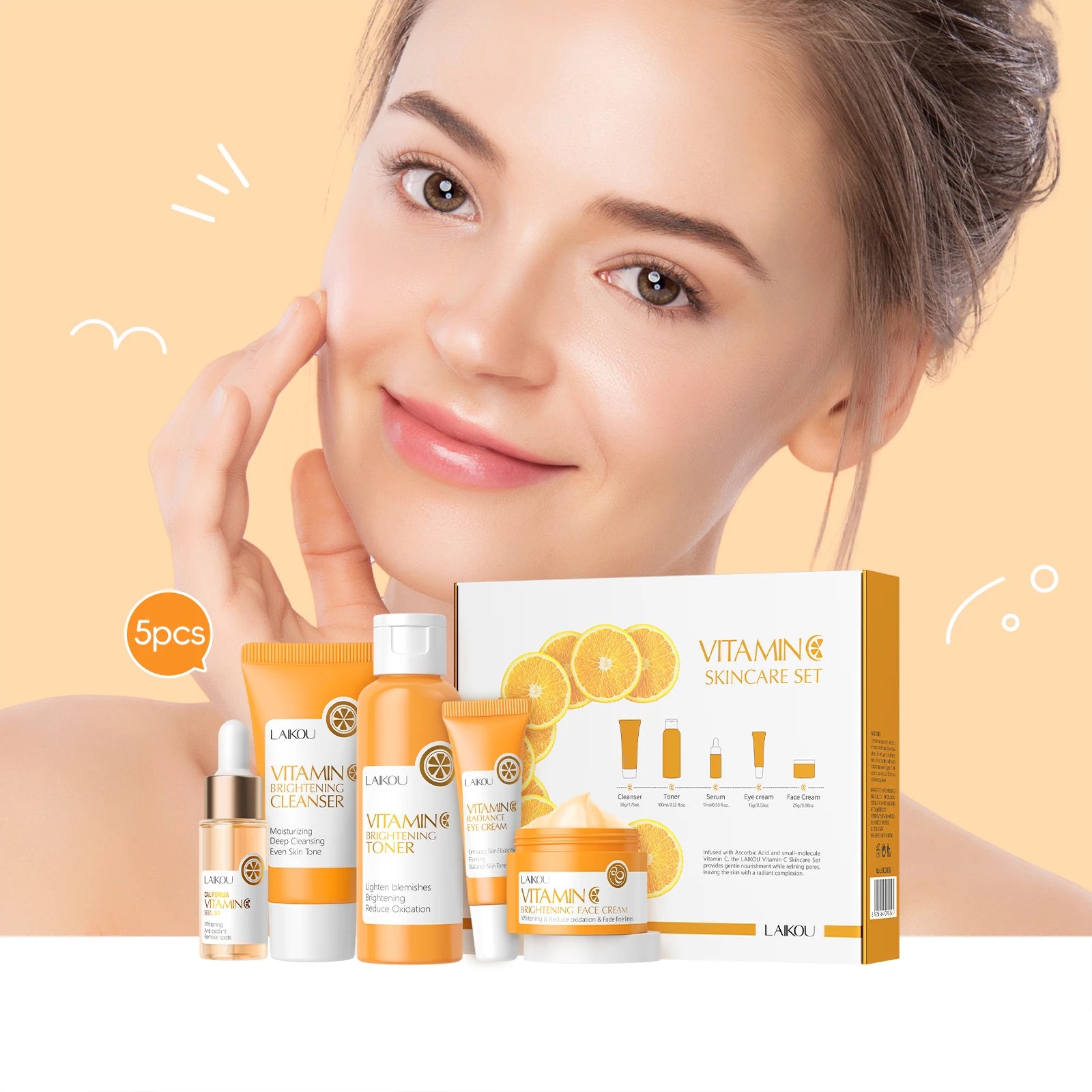 LAIKOU Vitamin C Brightening Skincare Set – 5-Piece Anti-Aging Glow Kit