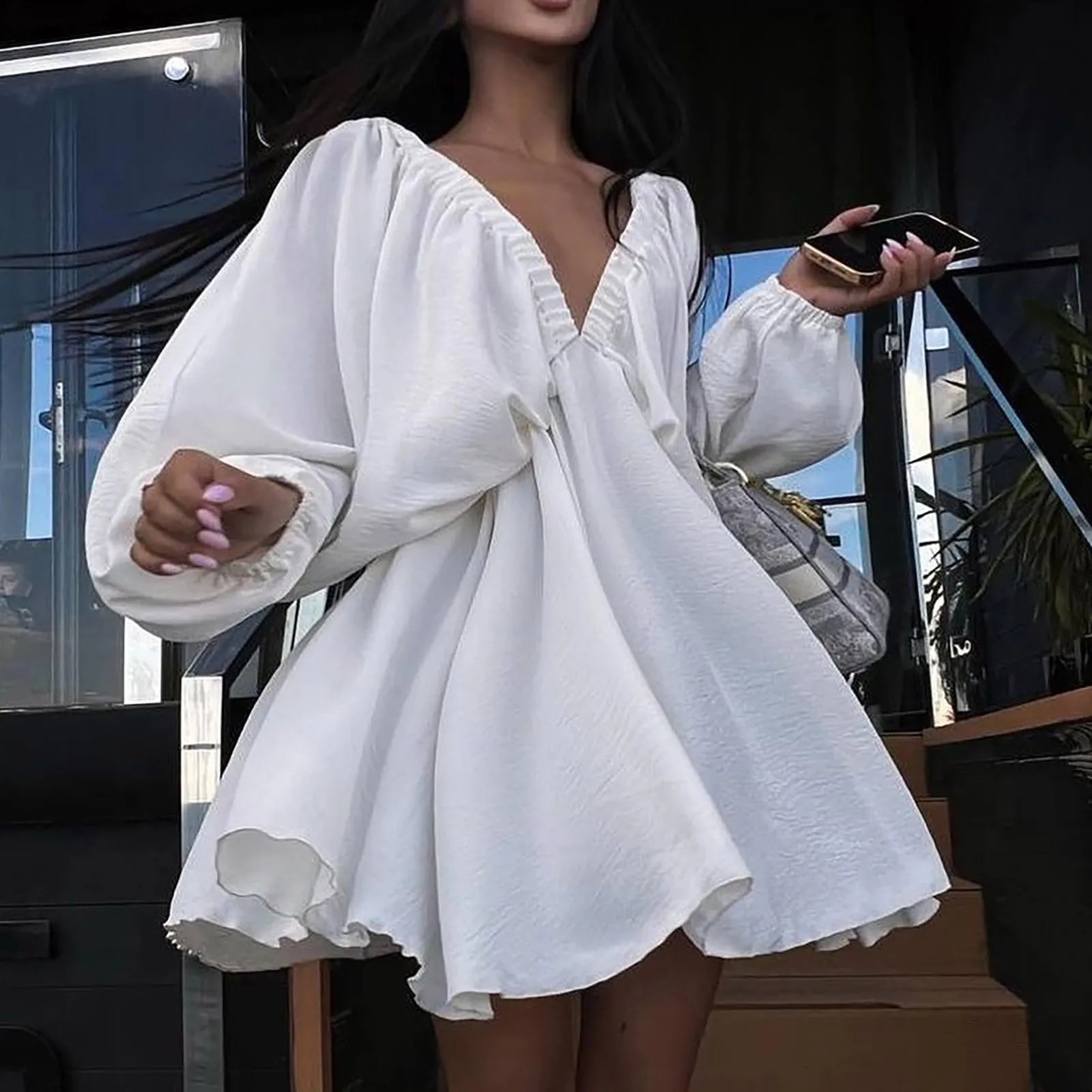 Women’s Deep V-Neck Pleated Wrap Dress – Elegant Long Sleeve Solid Casual