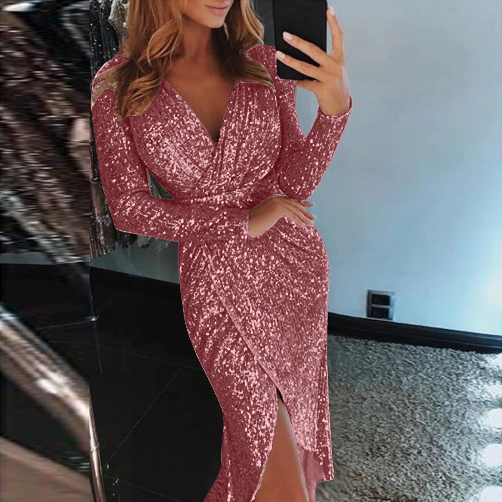 Women’s Slim Night Club Party Dress – Deep V Hot Stamp Wrap Hip Long Sleeve