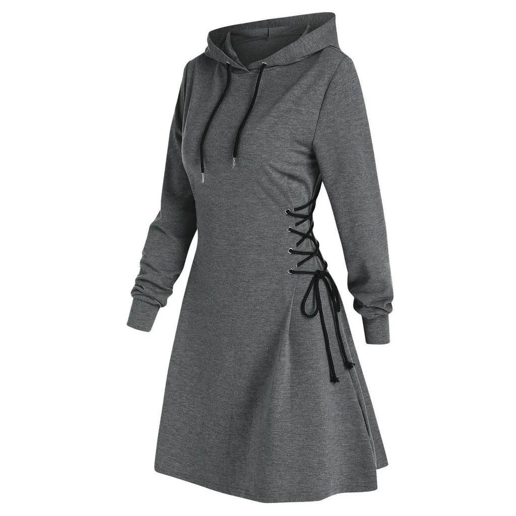 Women’s Hooded Sweatshirt Dress – Lace-Up Waist Long Sleeve Pullover Hoodie