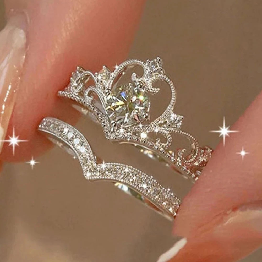 Fairy Sparkling Crown Ring Set – 2PC Adjustable Crystal Korean Party Rings