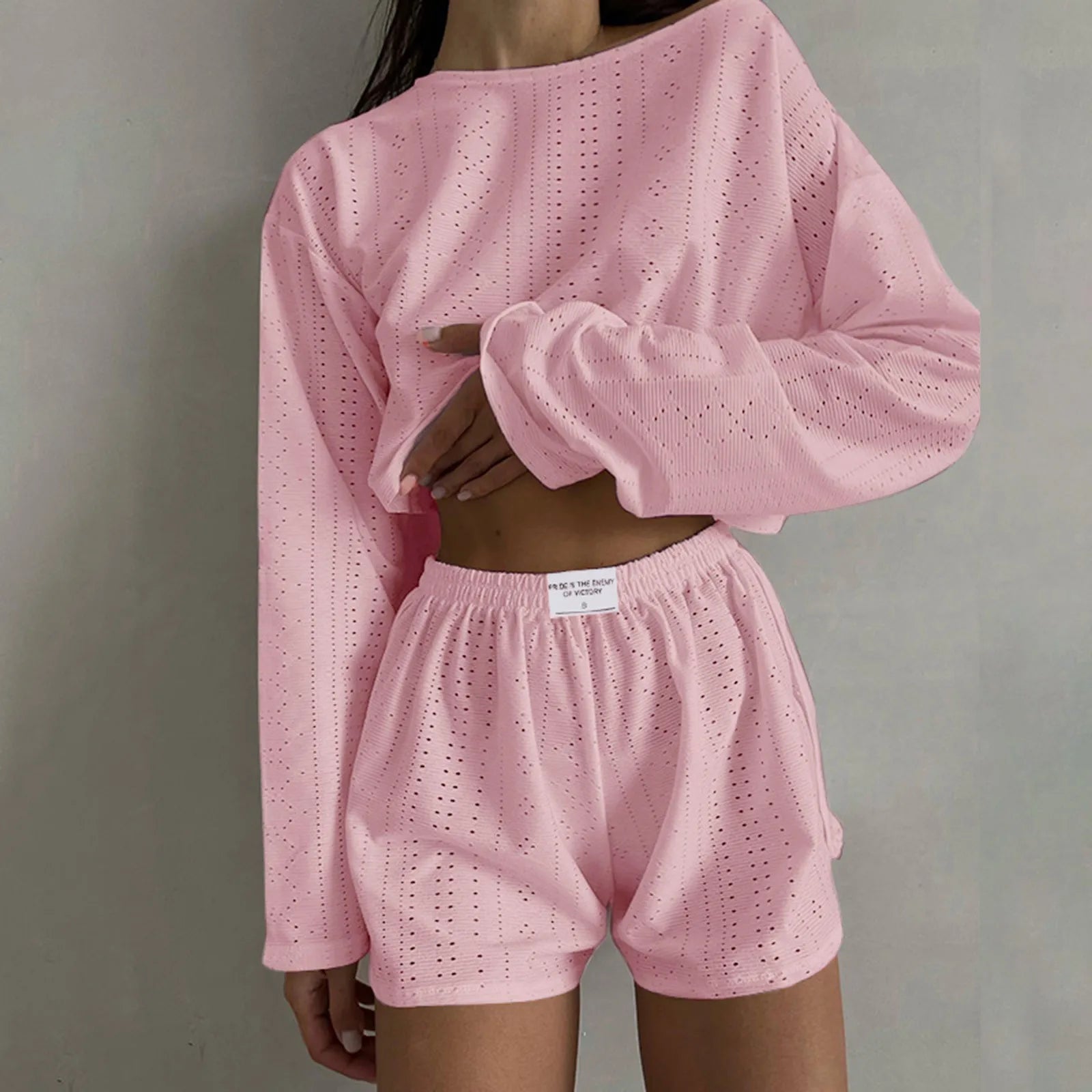 Women’s 2-Piece Casual Shorts Set – O-Neck Long Sleeve Lounge Co-ord Outfit