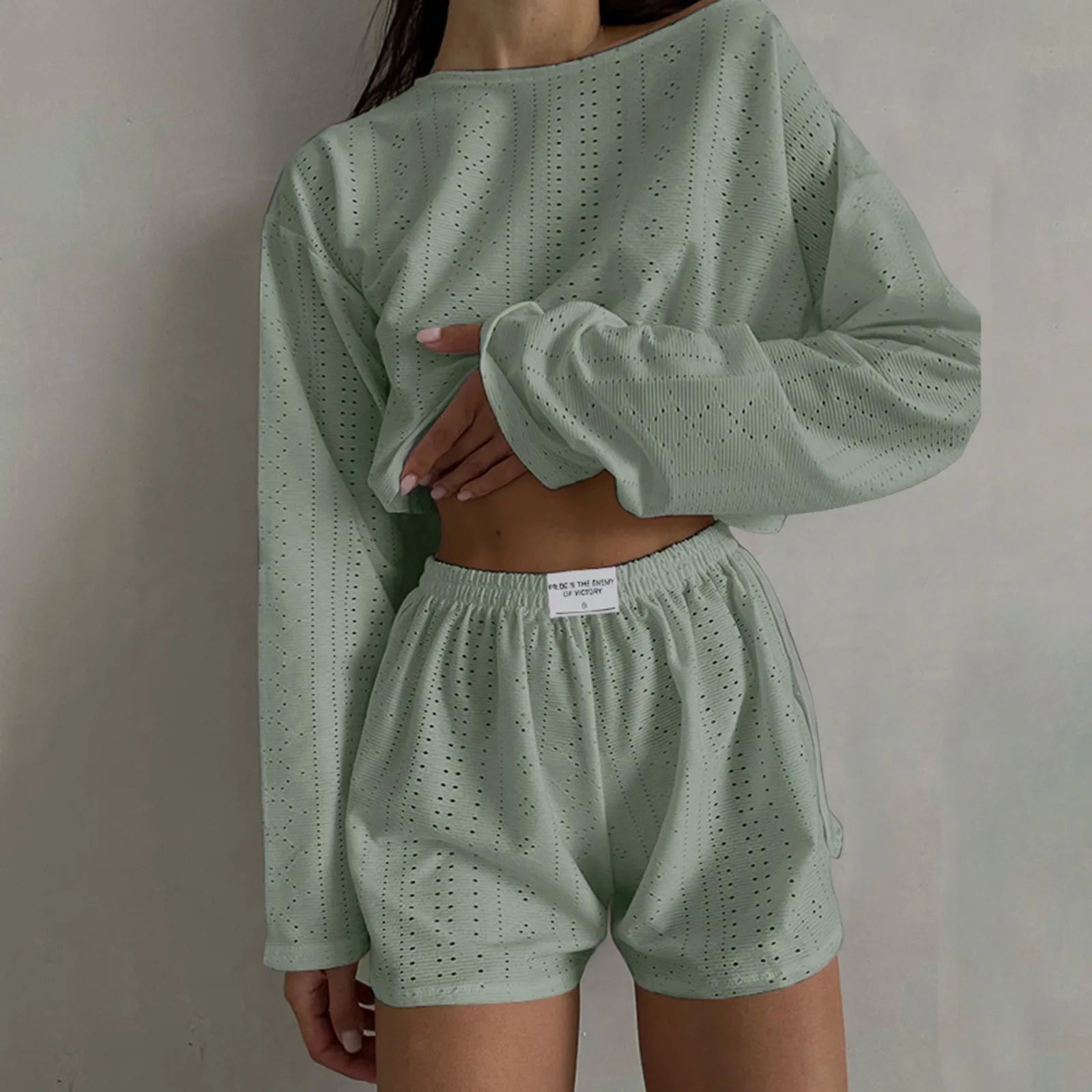 Women’s 2-Piece Casual Shorts Set – O-Neck Long Sleeve Lounge Co-ord Outfit