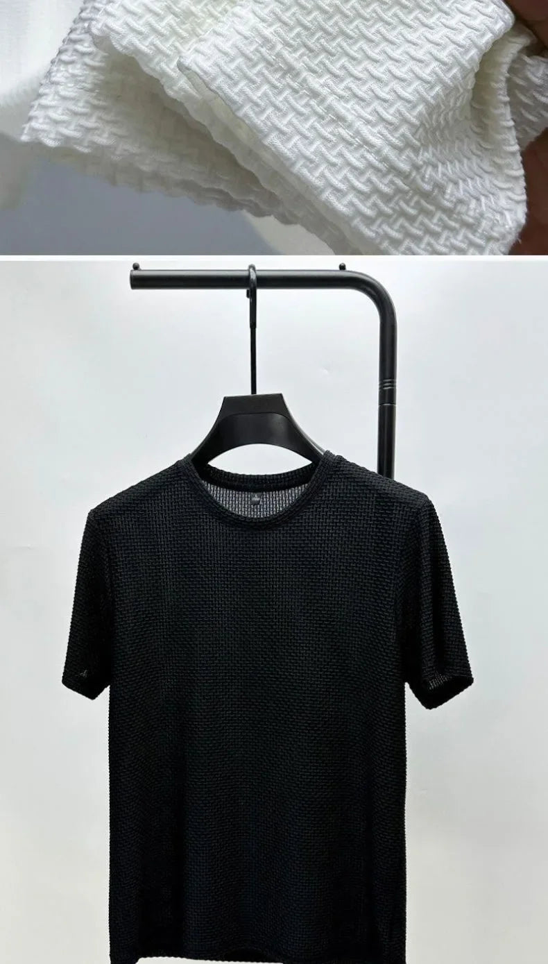 Men's Ice Silk Bamboo Mesh T-Shirt – Slim Fit Breathable Summer Streetwear Tee