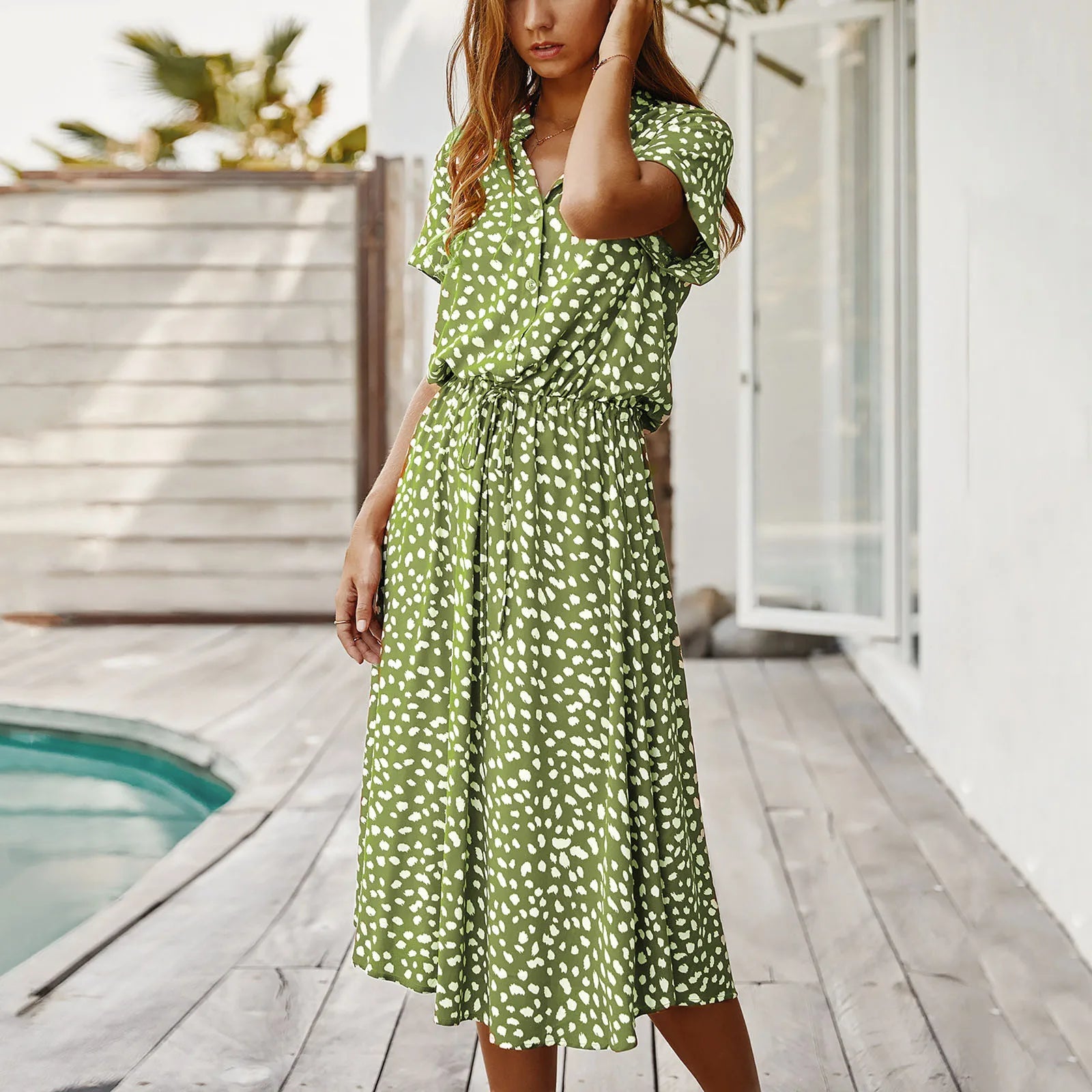 Women’s Polka Dot Button Summer Dress – Drawstring High Waist Knee Length
