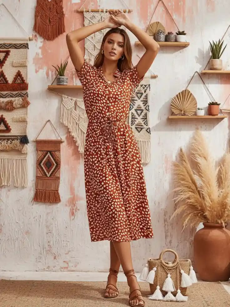 Women’s Polka Dot Button Summer Dress – Drawstring High Waist Knee Length